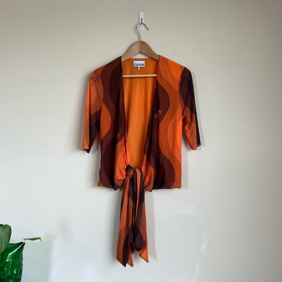 Ganni Orange Printed Mesh Wrap Top - Picture 2 of 13